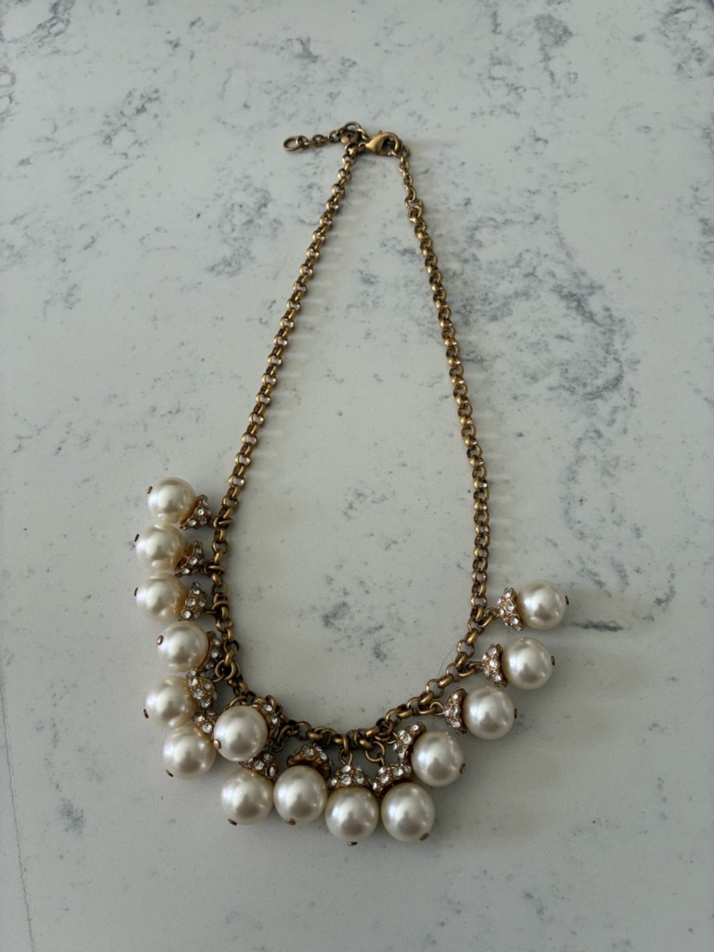 J. Crew Gold Chain Necklace with White Pearls and Rhinestones